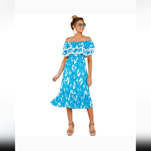 Red Dress Boutique Palms Away Blue Patterned Off-Shoulder Ruffle Midi Dress - Picture 1 of 14